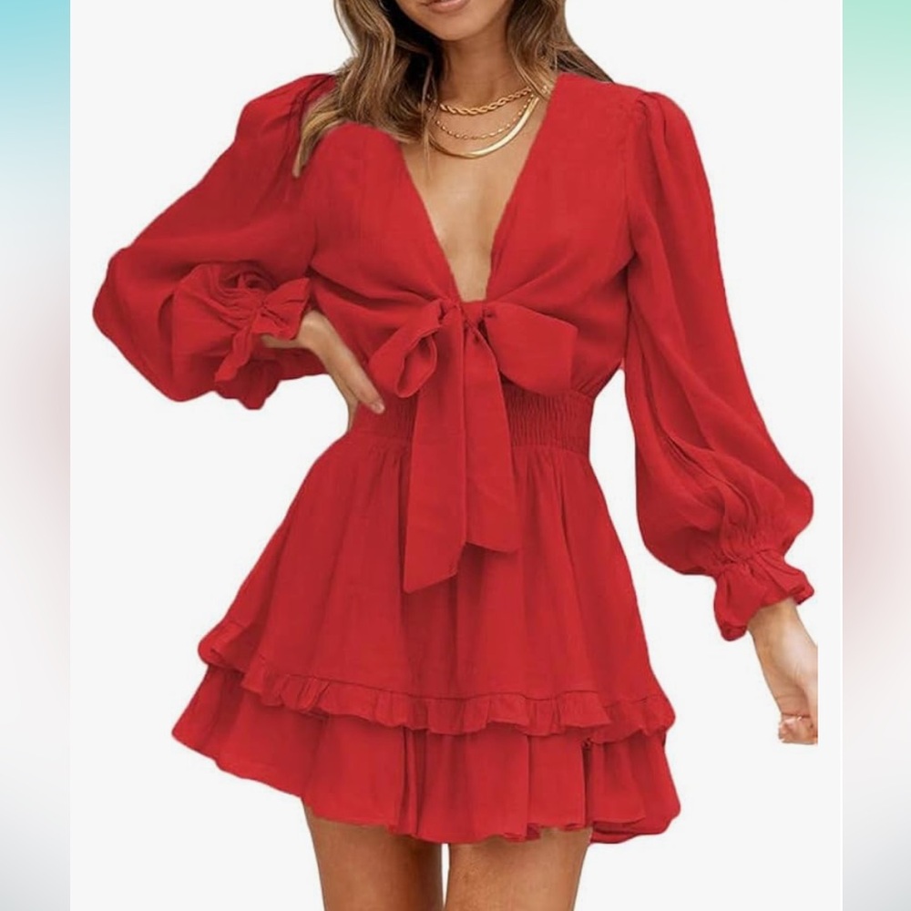 Dokotoo Womens 2024 Summer Deep V Neck Knotted Mini Dress in Red